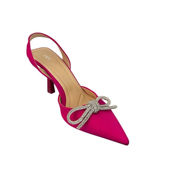 Zara Women Pink Satin Effect Embellished Rhinestone Bow Slingback US Size 10 - Picture 1 of 10